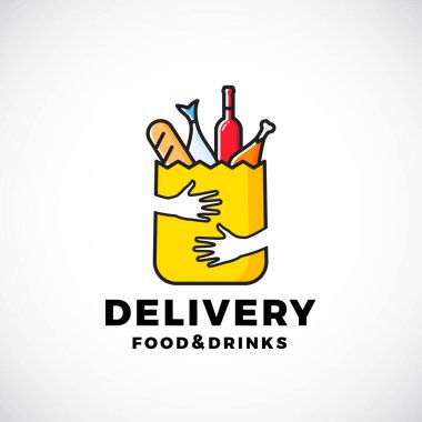 Yiyecek ve içecekler Soyut Vektör İşareti veya Logo Şablonu. Elleri olan kağıt torba, ekmek, şarap, balık vs. Alışveriş Amblemi veya Yemek Simgesi.