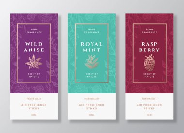 Baharatlar ve Çilekler Ev Kokusu Soyut Vektör Etiketleri Şablonu Ayarlandı. El Çizimi Çizimi Çiçekleri, Arkaplan Arkaplanı ve Retro Typography. Parfüm Odası Parfüm Paketi Tasarım Paketi.