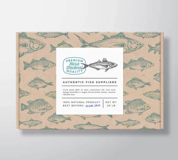 Banner 'lı Balık Desenli Gerçekçi Karton Kutu. Soyut Vektör Paket Tasarımı veya Etiketi. Modern Typography, Hand Drawn Horse Silhouette. Kağıtların Arkaplan Düzenlemesi. — Stok Vektör
