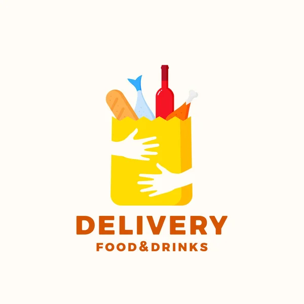 Flat Style Colorful Food and Drinks Delivery Abstract Vector Sign or Logo Template. Paper Bag with Hands, Bread, Wine, Fish, etc. Negative Space Shopping Emblem or Catering Icon. — Stock Vector