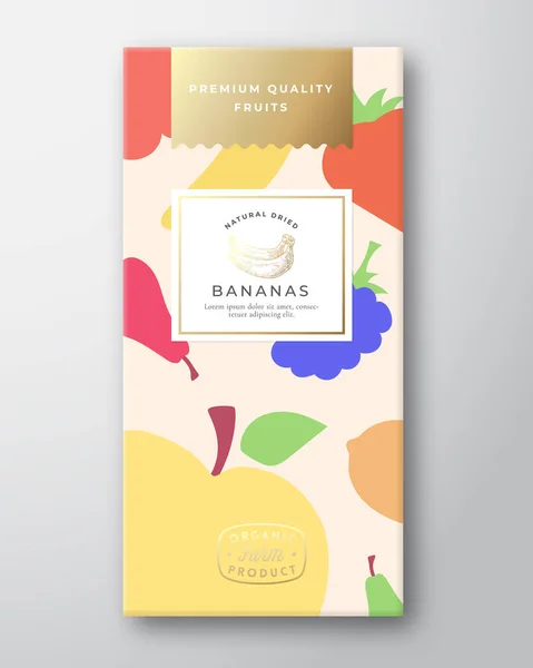 Verpackungsdesign für getrocknete Früchte. Abstraktes Vector Paper Box mit bunten Früchten und Beeren Muster Hintergrundeinband. Moderne Typografie und handgezeichnete Bananen. — Stockvektor
