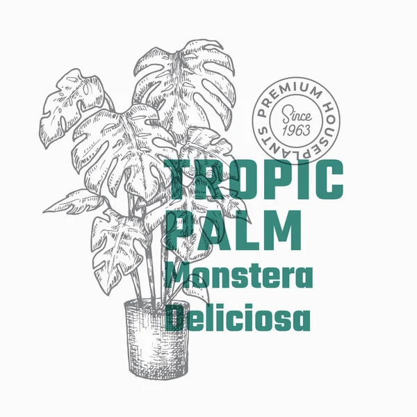 Monstera Palm Abstract Vector sign 또는 Label Template. 손으로 그린 자국 자국이 있는 식물 실루엣 - 현대 타이포그래피 Home Gardening Card. 집 식물의 포장 설계. — 스톡 벡터