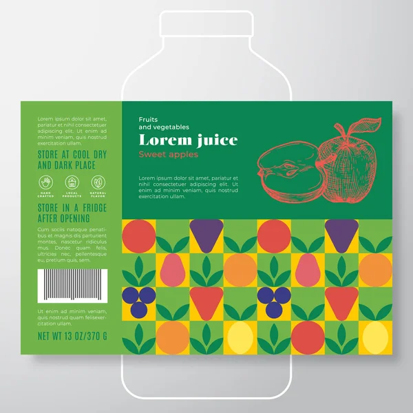 Muster-Etikettenschablone für Obst und Gemüse. Abstraktes Vektorverpackungsdesign-Layout. Modernes Typografie-Banner mit handgezeichnetem Apfel mit Scheiben-Silhouette-Hintergrund. — Stockvektor