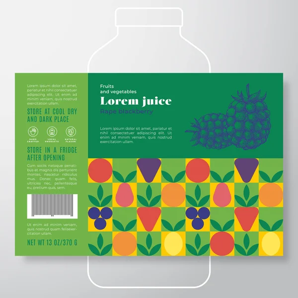 Muster-Etikettenschablone für Obst und Gemüse. Abstraktes Vektorverpackungsdesign-Layout. Moderne Typografie Banner mit handgezeichnetem Blackberry mit einem Slice Silhouette Hintergrund. — Stockvektor