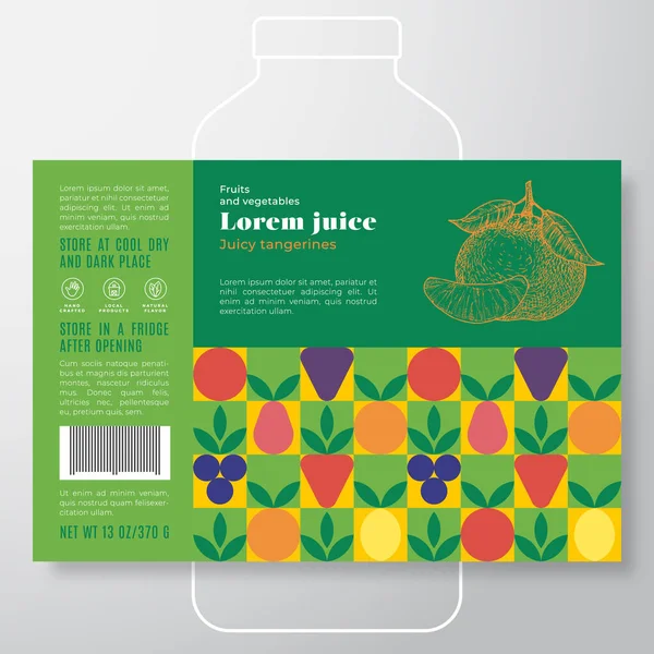 Muster-Etikettenschablone für Obst und Gemüse. Abstraktes Vektorverpackungsdesign-Layout. Modernes Typografie-Banner mit handgezeichneter Mandarine mit Scheiben-Silhouette-Hintergrund. — Stockvektor