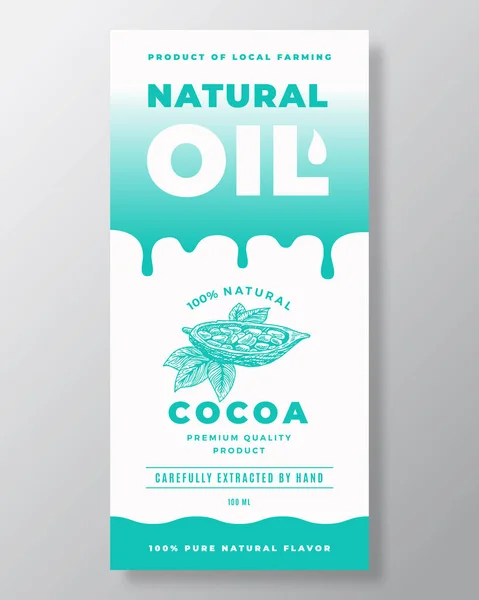 Natural Oil Abstract Vector Packaging Design oder Etikettenschablone. Moderne Typografie, Farbverläufe und handgezeichnete Kakaobohnen skizzieren Silhouetten-Hintergrundlayout. — Stockvektor