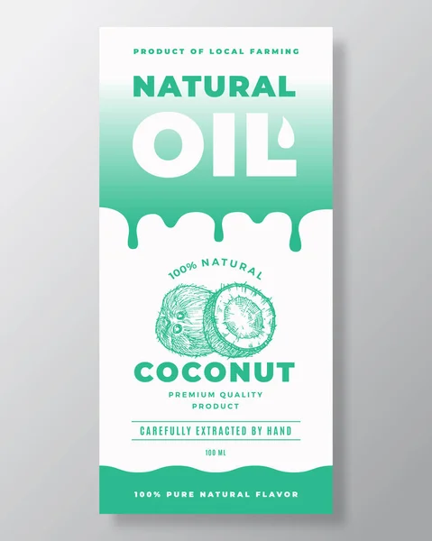 Natural Oil Abstract Vector Packaging Design oder Etikettenschablone. Moderne Typografie, Farbverläufe und handgezeichnete Kokosnüsse skizzieren Silhouetten-Hintergrundlayout. — Stockvektor