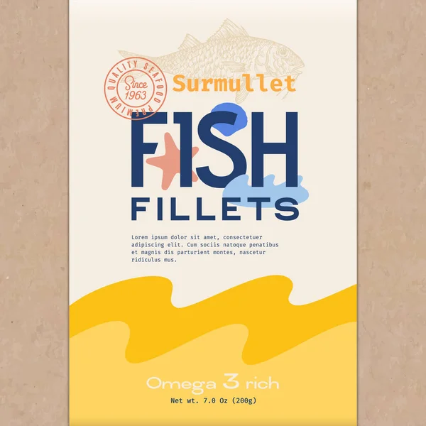Fish Fillets. Abstract Vector Fish Packaging Design or Label. Modern Typography, Hand Drawn Surmullet Silhouette and Colorful Elements. Craft Paper Background Layout — Stock Illustration Fish Fillets. Abstract Vector Fish Packaging Design or Label. Modern Typography, Hand Drawn Surmullet Silhouette and Colorful Elements. Craft Paper Background Layout Stock Illustration