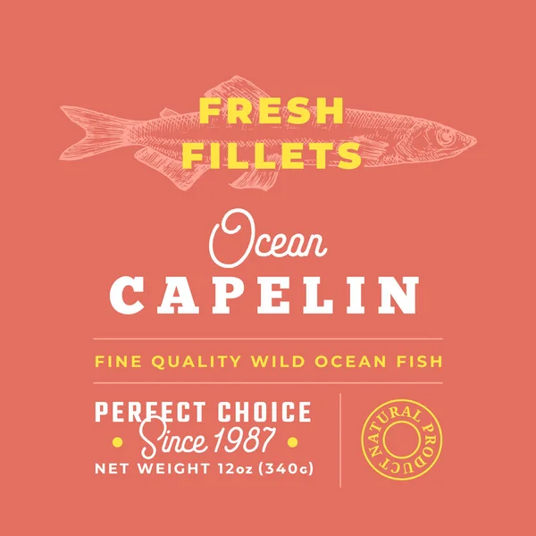 Fresh Fillets Premium Quality Label. Abstract Vector Fish Packaging Design Layout. Tipografia retrô com bordas e desenhado à mão Capelin Silhouette fundo —  Vetores de Stock