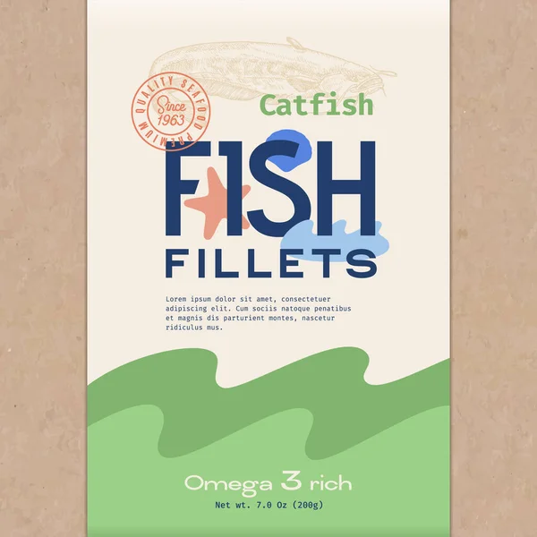 Fish Fillets. Abstract Vector Fish Packaging Design or Label. Modern Typography, Hand Drawn Catfish Silhouette and Colorful Elements. Craft Paper Background Layout — Stock Vector