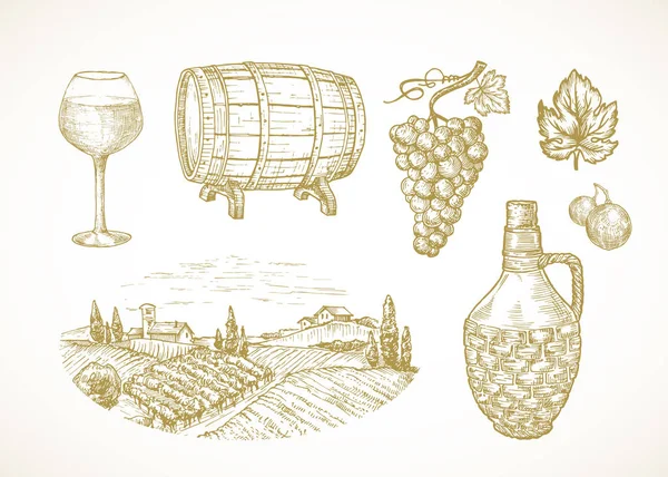 Vector Wine or Vineyard Sketches Set. Hand Drawn Illustrations of Glass, Cask or Barrel, Grapes Branch, Wicker Bottle and Rural Farm or Winery Landscape. — Stock Vector