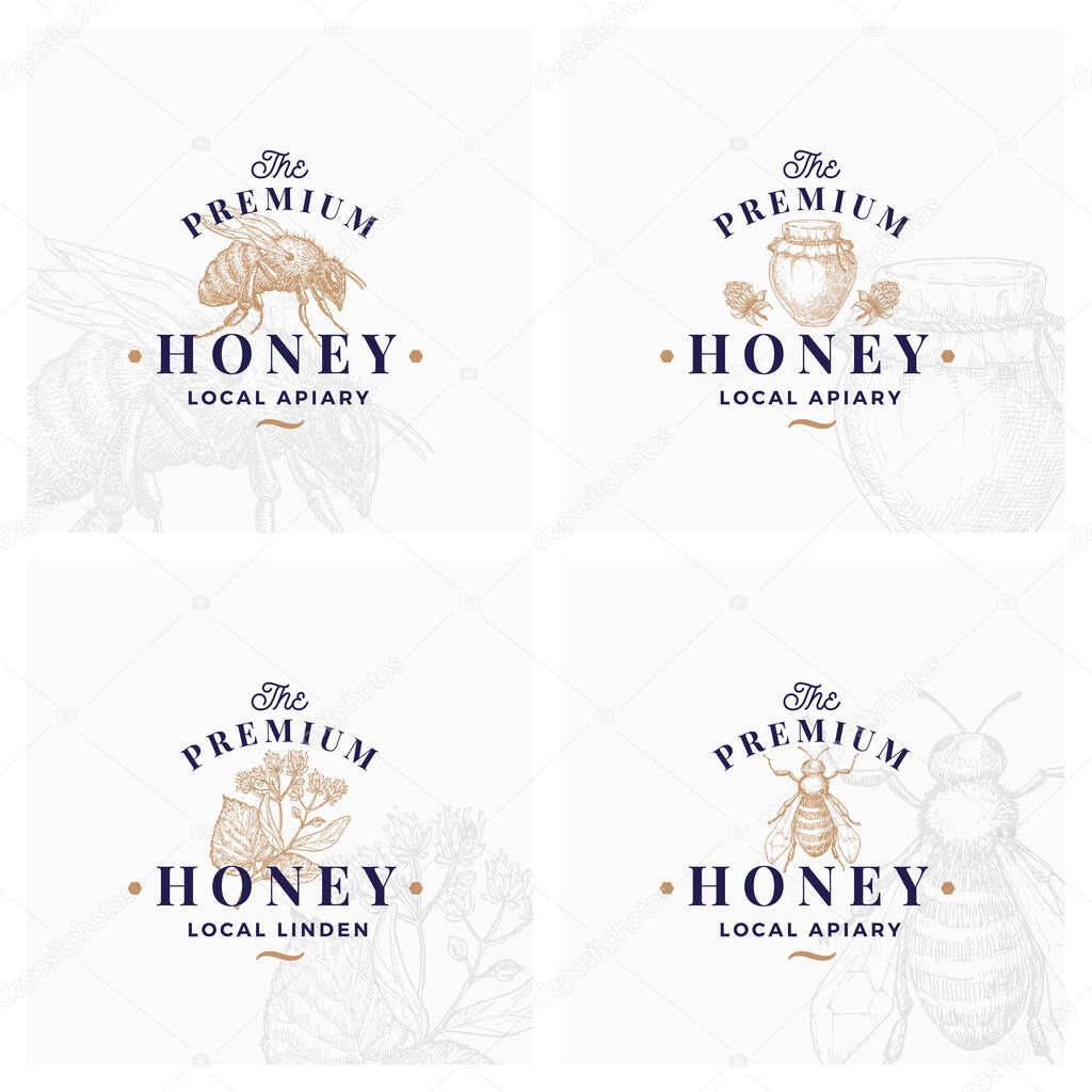 Premium Quality Honey Signs, Symbols or Logo Templates Collection. Hand Drawn Bee, Jar and Clover Sketches with Retro Typography. Local Apiary Vintage Emblems Set with Background. Isolated.