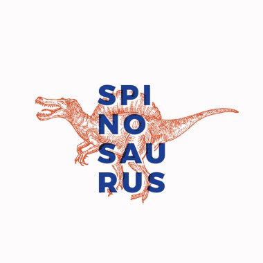 Tarih öncesi dinozor soyut işareti, sembol ya da logo şablonu. Modern Typography Label ile El Çizimi Spinosaurus Reptile. Tarz Vektörü Tişörtü Yazdırma veya Amblem Konsepti.