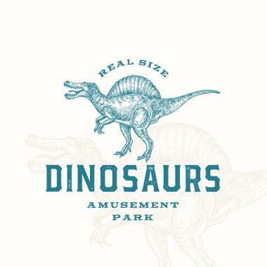 Gerçek boyuttaki dinozorlar eğlence parkı soyut işareti, sembol ya da logo şablonu. Premium Typography ve Background ile El Çekimi Spinosaurus Reptile. Şekil Vektörü Amblemi.