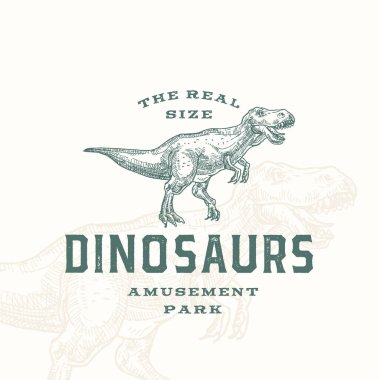 Gerçek boyuttaki dinozorlar eğlence parkı soyut işareti, sembol ya da logo şablonu. Premium tipografi ve özgeçmişi olan El Çekimi Tyrannosaurus Rex Reptile. Şekil Vektörü Amblemi.