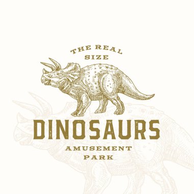 Gerçek boyuttaki dinozorlar eğlence parkı soyut işareti, sembol ya da logo şablonu. Premium tipografi ve özgeçmişi olan el yapımı Triceratops Sürüngeni. Şekil Vektörü Amblemi.
