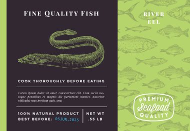 Premium Kaliteli Yılan Balığı Soyut Vektör Tasarımı veya Etiketi. Modern Typography and Hand Drawn Sketch Fish Desenli Deniz Ürünleri Planı