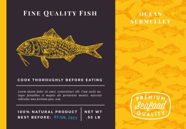 Premium Kaliteli Surmullet Soyut Vektör Tasarımı veya Etiketi. Modern Typography and Hand Drawn Sketch Fish Desenli Deniz Ürünleri Planı
