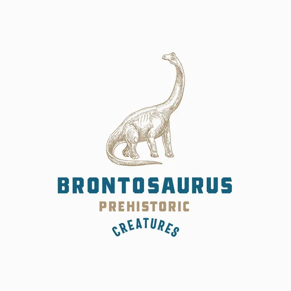 Prähistorische Kreatur Dinosaurier Abstraktes Zeichen, Symbol oder Logo-Vorlage. Handgezeichnetes Brontosaurus Reptil mit Retro-Typografie. Vektor Emblem Konzept. — Stockvektor