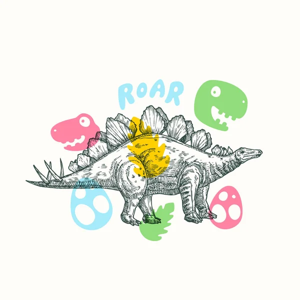 Modèle de signe, de symbole ou de carte abstrait pour dinosaure préhistorique. Reptile Stegosaurus dessiné à la main avec des illustrations drôles de style plat. T-shirt vectoriel mignon imprimé ou emblème Concept. — Image vectorielle