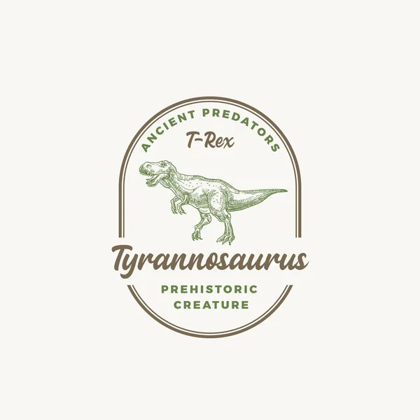 Prehistorická bytost Dinosaurus Abstraktní znak, symbol nebo logo šablony. Ručně kreslený tyranosaurus Rex Reptile s retro typografií v rámečku. Koncepce znaku vektoru. — Stockový vektor