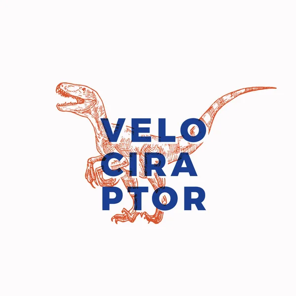 Prehistorický Dinosaurus Abstraktní znak, symbol nebo logo šablony. Ručně kreslený velociraptor Plaz s moderním typografickým štítkem. Stylové Vektorové tričko Print nebo Emblem Concept. — Stockový vektor