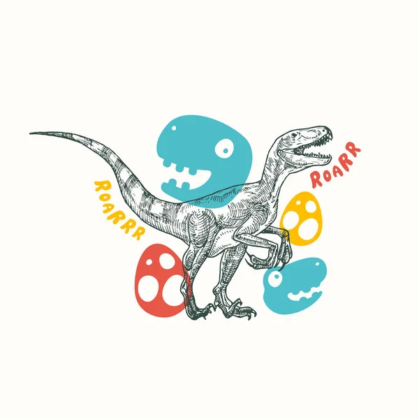 Pré-histórico Dinossauro Abstract Sign, Symbol or Card Template. Réptil Velociraptor desenhado à mão com ilustrações engraçadas de estilo plano. Bonito Vector T-shirt Imprimir ou Emblema Conceito. — Vetor de Stock