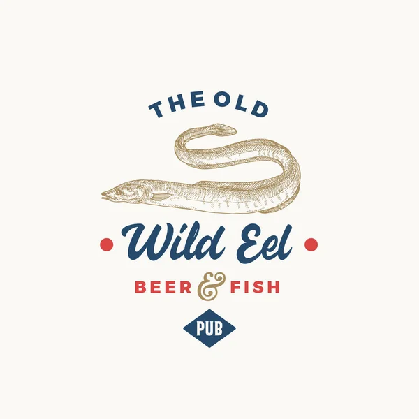 The Old Wild Eel Beer Pub Abstract Sign, Symbol or Logo Template. Hand Drawn Fish with Premium Typography. Stylish Vector Emblem Concept. — Stock Vector