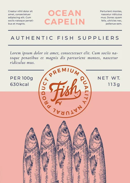 Okyanus Balığı Soyut Vektör Tasarımı veya Etiketi. Modern Typography Banner, Hand Drawn Capelin Silhouette ve Lettering Logo Stamp. Renkli Kağıt Arkaplan Düzeni. — Stok Vektör