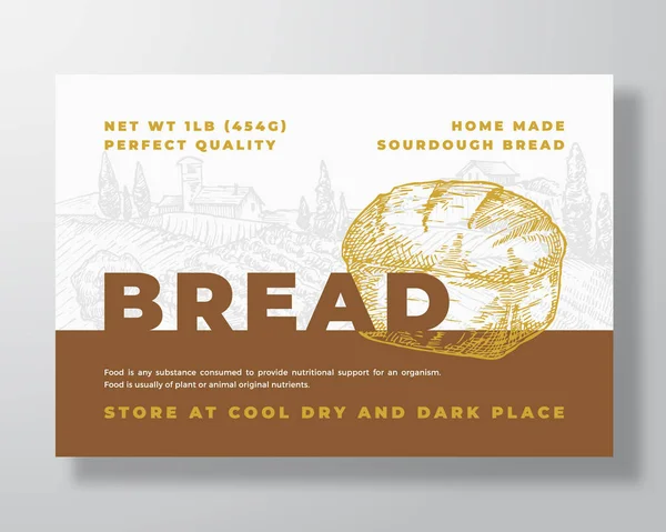 Sourdough Bread Label Mall. Abstrakt vektor förpackningsdesign layout. Modern typografi Banner med handritad limpa och landsbygd Landskap bakgrund. — Stock vektor