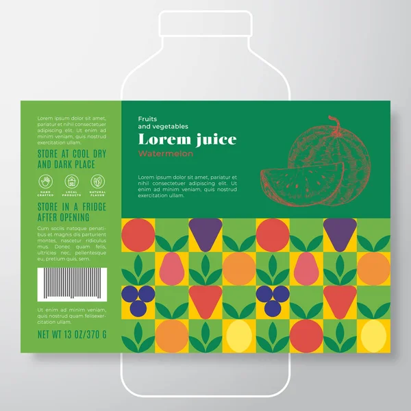 Muster-Etikettenschablone für Obst und Gemüse. Abstraktes Vektorverpackungsdesign-Layout. Modernes Typografie-Banner mit handgezeichneter Wassermelone mit Scheiben-Silhouette-Hintergrund. — Stockvektor