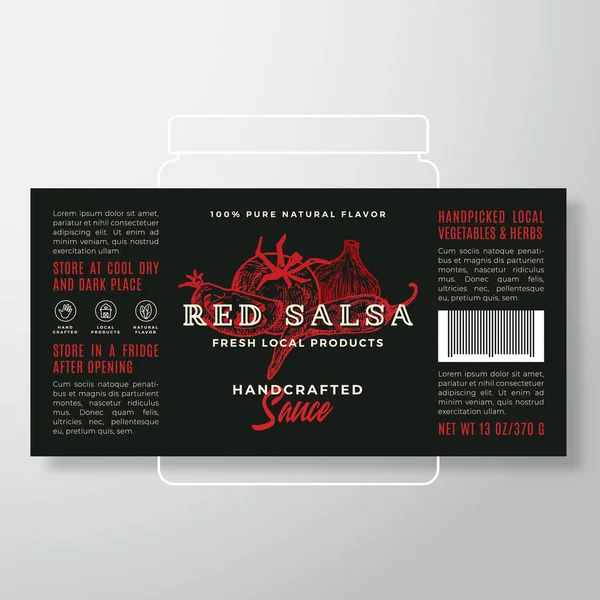 El yapımı sebze salsa sosu etiketi şablonu. Soyut Vektör Paketleme Tasarımı Düzeni. El yapımı domates, Şili biberi ve sarımsak arkaplanlı modern tipografi afişi. — Stok Vektör