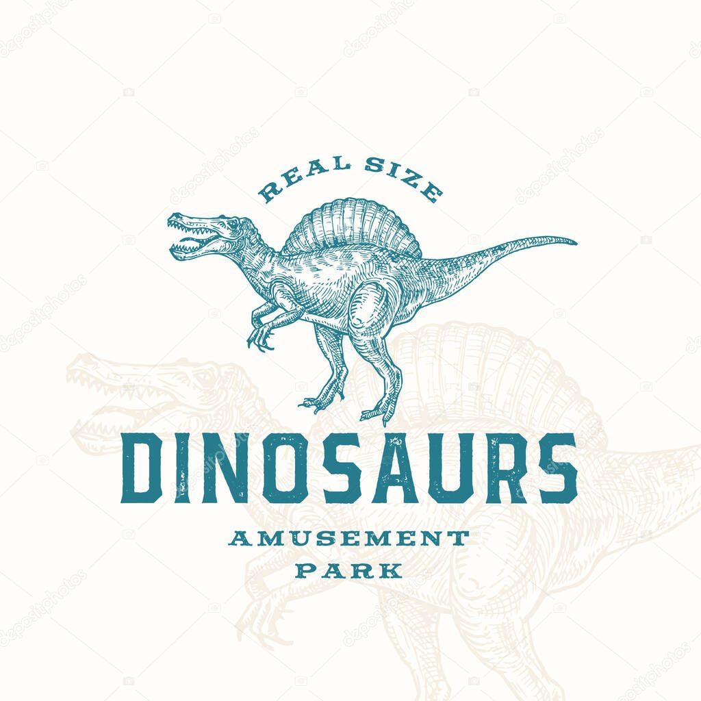 Real Size Dinosaurs Amusement Park Abstract Sign, Symbol or Logo Template. Hand Drawn Spinosaurus Reptile with Premium Typography and Background. Stylish Vector Emblem Concept.