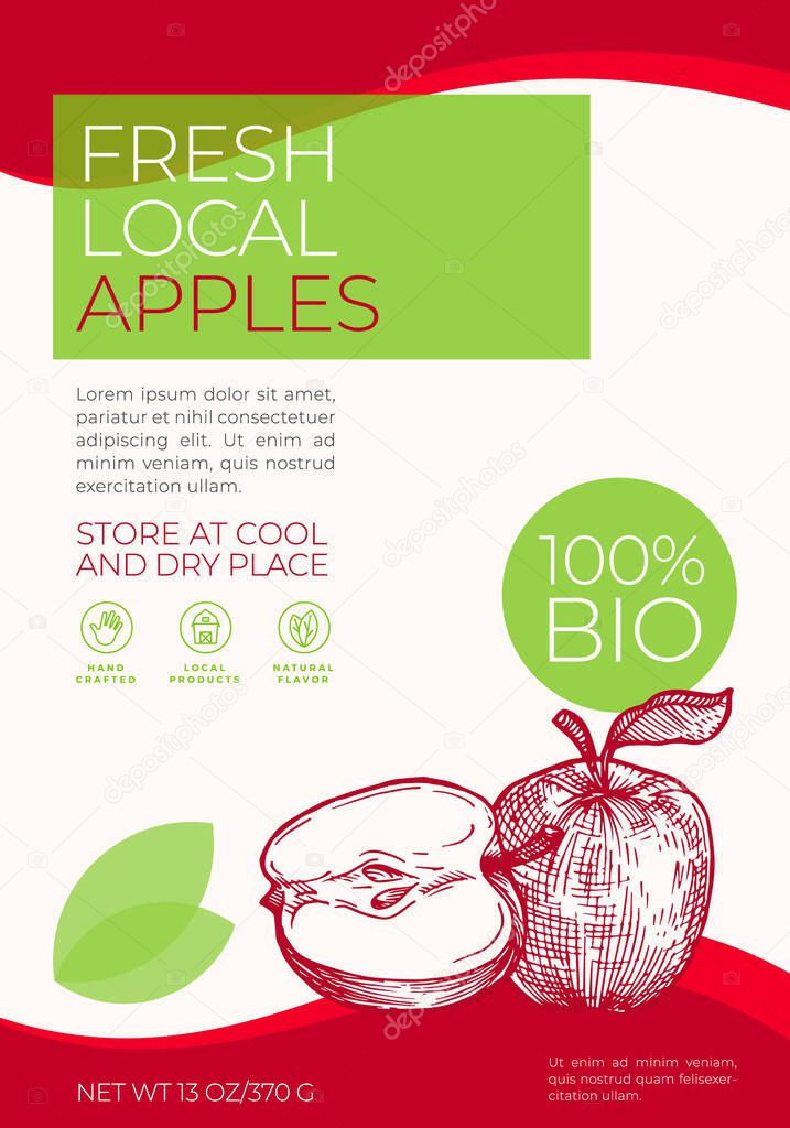 Fresh Local Fruits Label Template. Abstract Vector Packaging Design Layout. Modern Typography Banner with Hand Drawn Apple with a Half Sketch Silhouette Background.