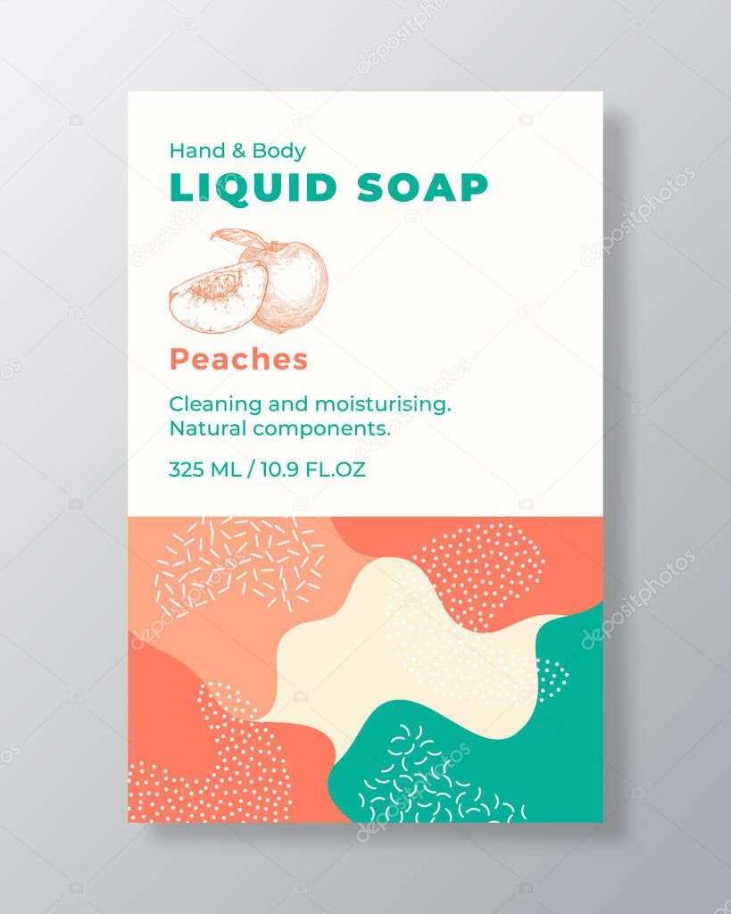 Liquid Soap Package Label Template. Abstract Shapes Camo Background Vector Cover. Cosmetics Packaging Design. Modern Typography and Hand Drawn Peach with a Half Sketch.