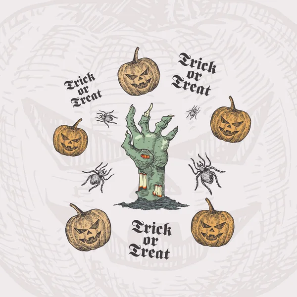 Trick or Treat Halloween Wektor tle lub szablon karty. Ręcznie rysowane ręce Zombie i dynie ze szkicem Spider i zabytkowej typografii. Wakacyjny skład dekoracyjny. — Wektor stockowy