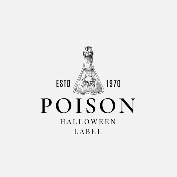 Premium kvalitet Halloween logotyp eller etikett mall. Handritad Poison Flask Sketch symbol och Retro Typografi. — Stock vektor