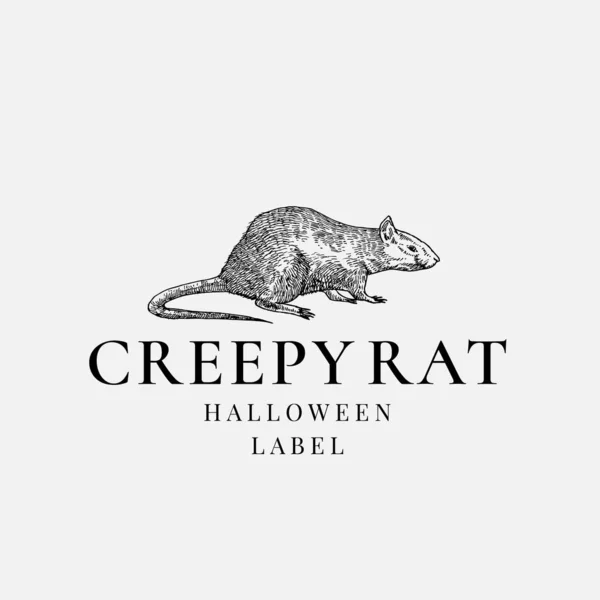 Logo de Halloween de calidad premium o plantilla de etiqueta. Símbolo de boceto de rata espeluznante dibujado a mano y tipografía retro. — Vector de stock
