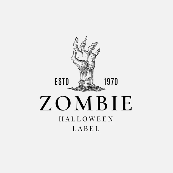 Premium kwaliteit Halloween Logo of Label Template. Handgetekende Zombie Hand Schets Symbool en Retro Typografie. — Stockvector