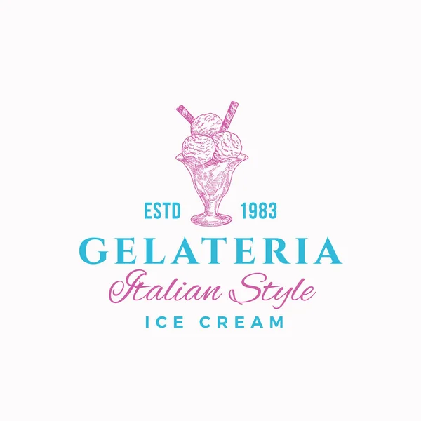 Gelateria Premium Quality Sweets Segno astratto, simbolo o logo. Gelato e tipografia disegnati a mano. Concetto emblema vettoriale Gelato in stile italiano. — Vettoriale Stock