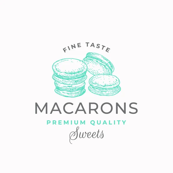 Macarrones de buen gusto. Premium Quality Confectionary Signo Abstracto, Símbolo o Plantilla Logo. Pasteles dibujados a mano y tipografía. Concepto de emblema de vector de panadería local. — Archivo Imágenes Vectoriales