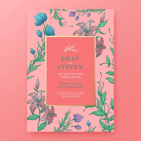 Floral Background Wedding Invitation Template. Abstract Vector Greeting Card or Holiday Poster. Hand Drawn Colorful Sketch Flowers and Leaves Illustrations. — Stock Vector