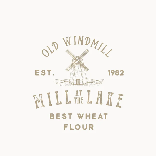 Old Wind Mill Bakery Abstrakt vektortecken, symbol eller logotyp mall. Skiss Landskap med Building Drawing och Retro Typografi. Vintage Emblem. — Stock vektor