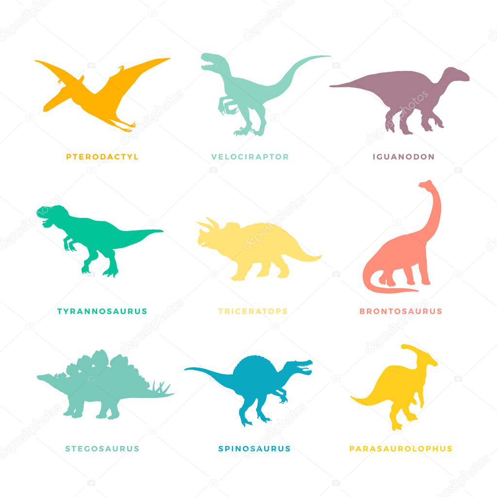 Prehistoric Dinosaurs Signs, Symbols or Illustrations Set. Colorful Vector Ancient Reptiles Silhouttes Collections. Isolated.