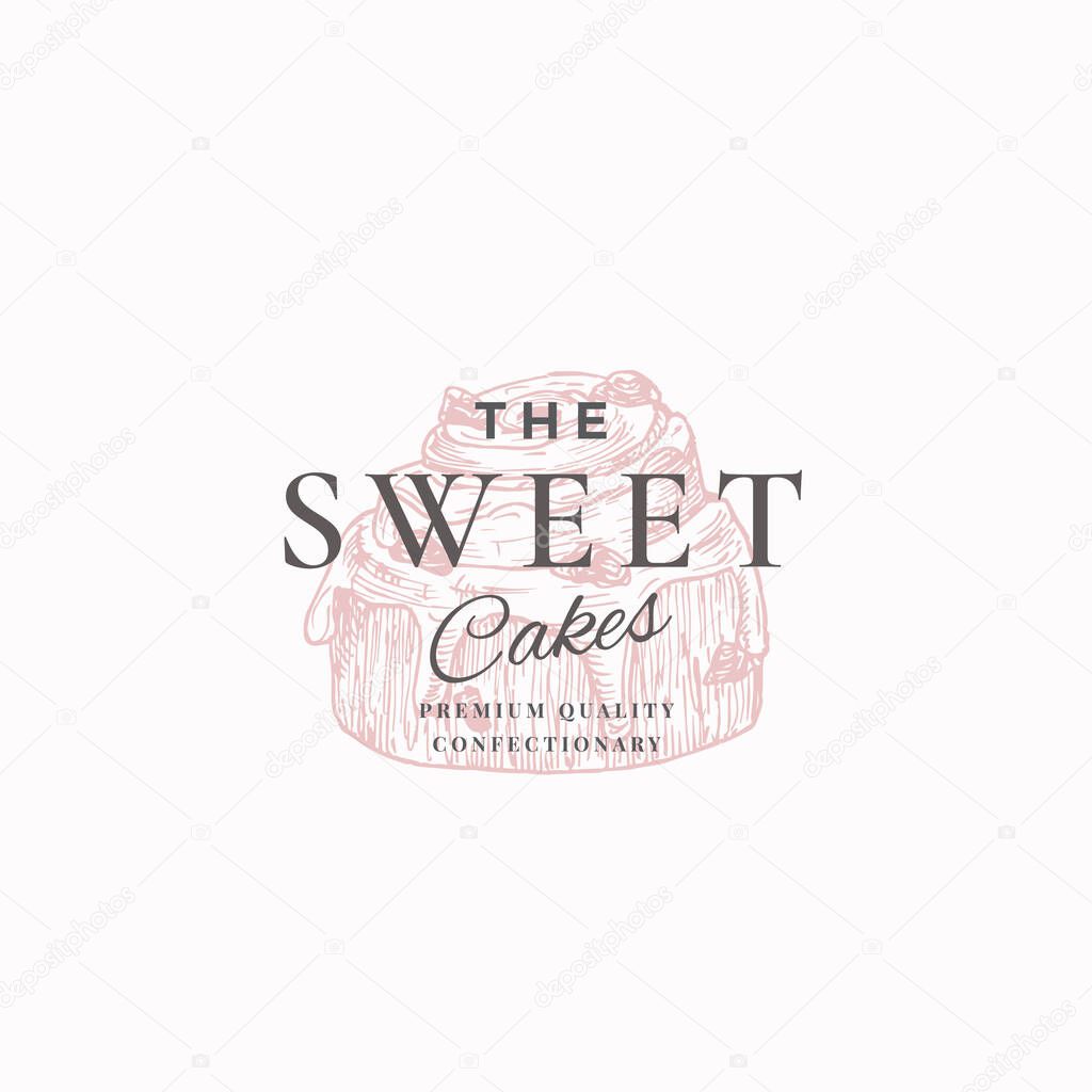 Premium Quality Confectionary Abstract Sign, Symbol or Logo Template. Hand Drawn Cake and Typography. Local Bakery Vector Emblem Concept.