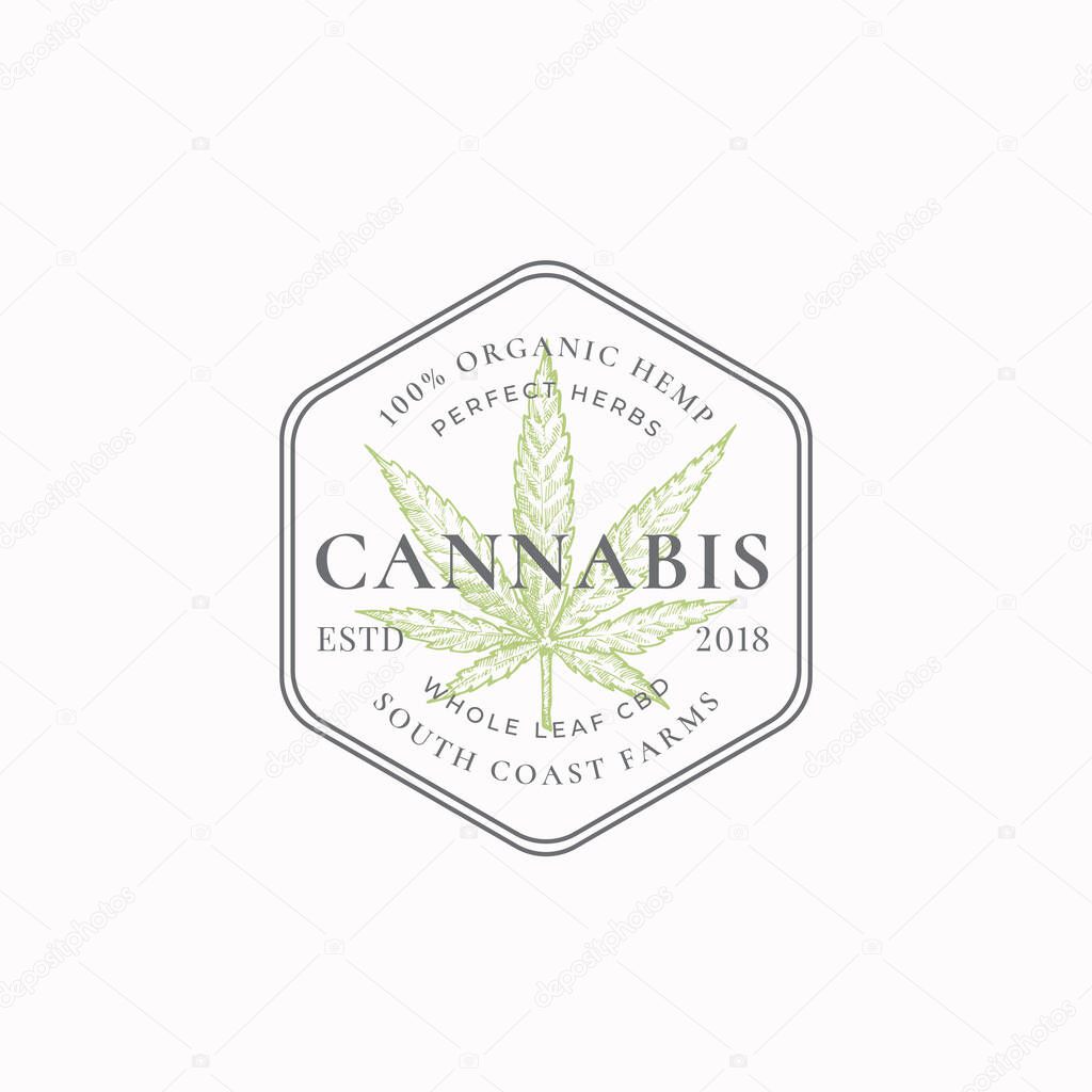 Cannabis Frame Badge or Logo Template. Hand Drawn Hemp Leaf Sketch with Retro Typography and Borders. Vintage Premium Medicine Herb Emblem.