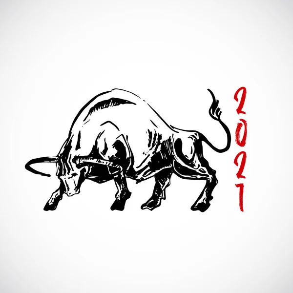 Feliz Año Nuevo Chino 2021 Ilustración, emblema o tarjeta de felicitación plantilla. Toro negro dibujado a mano o signo de zodíaco buey con tipografía de estilo cepillo sobre fondo blanco. Símbolo de vacaciones. — Archivo Imágenes Vectoriales