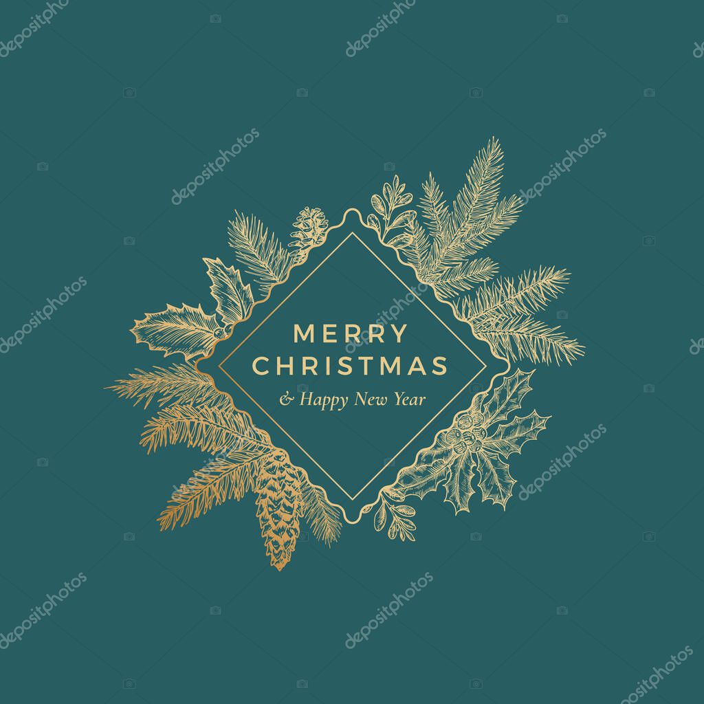 Merry Christmas Abstract Botanical Card with Rhombus Frame Banner and Modern Typography. Premium Green Background and Golden Greeting Sketch Layout.