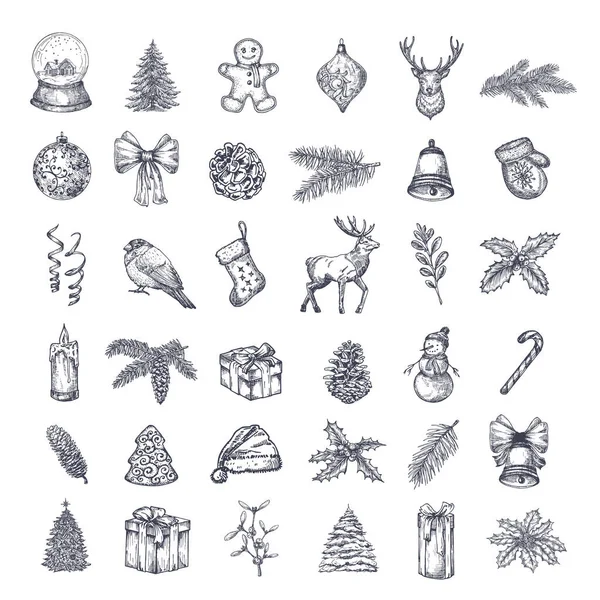 Paquete de iconos de Navidad dibujados a mano. A Collection of Winter Holidays New Year Sketches. Estilo grabado Conjunto de dibujos Doodle de Navidad. — Vector de stock