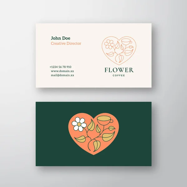 Fleur de café Signe vectoriel abstrait, symbole ou logo et modèle de carte de visite. Feuilles avec coupe dans un cadre de coeur avec typographie. Premium Stationnaire réaliste Maquette. — Image vectorielle